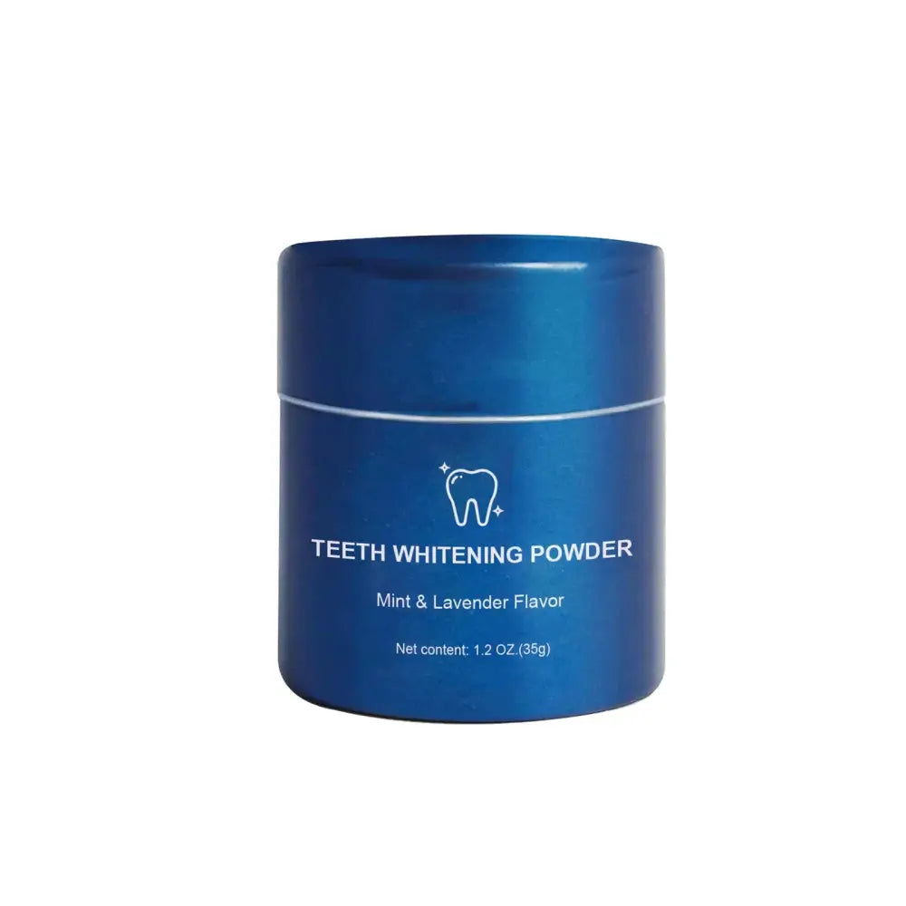 A sleek glossy blue cylindrical container of mint and lavender flavor teeth whitening powder for stain removal