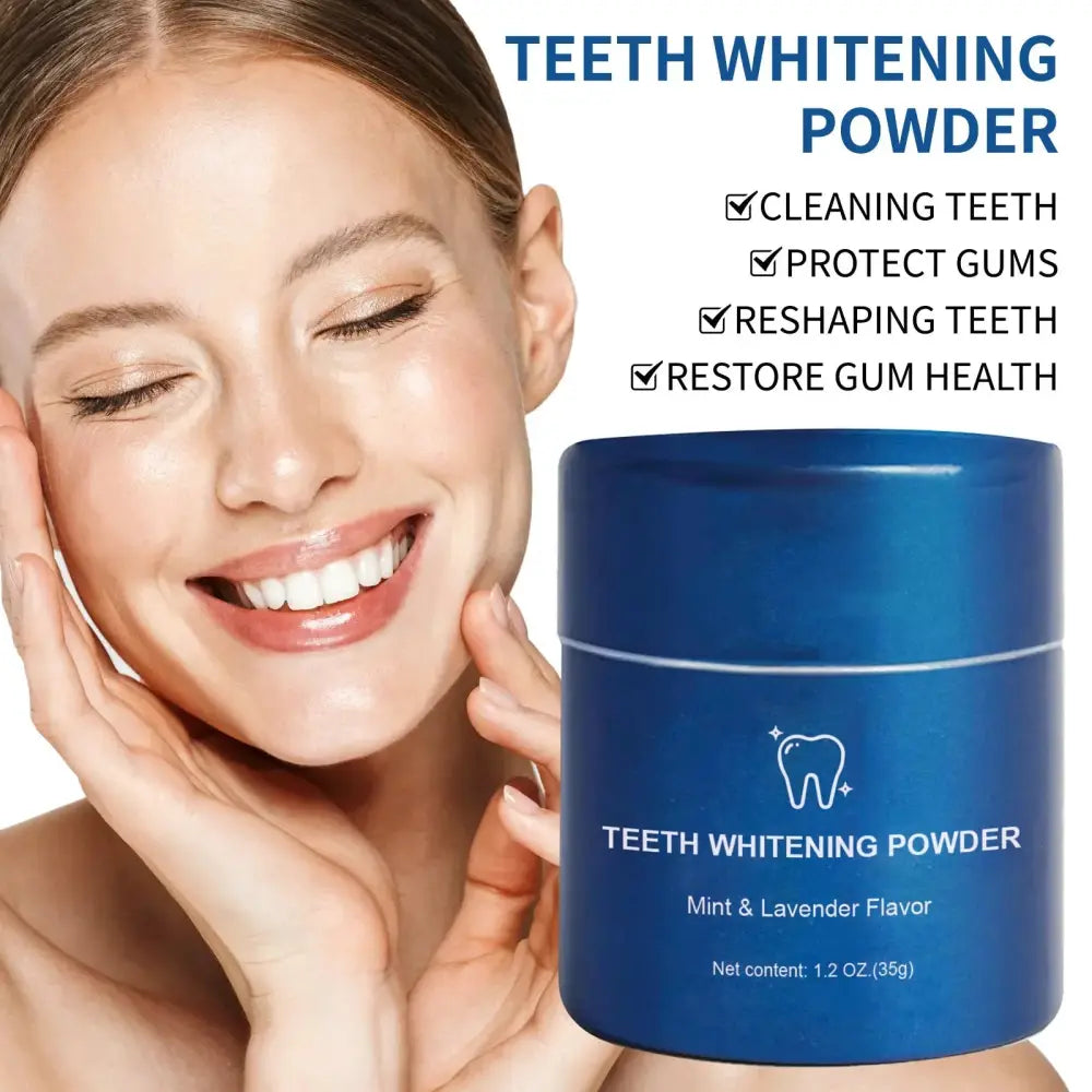 Blue cylindrical container of mint and lavender flavored teeth whitening powder for stain removal