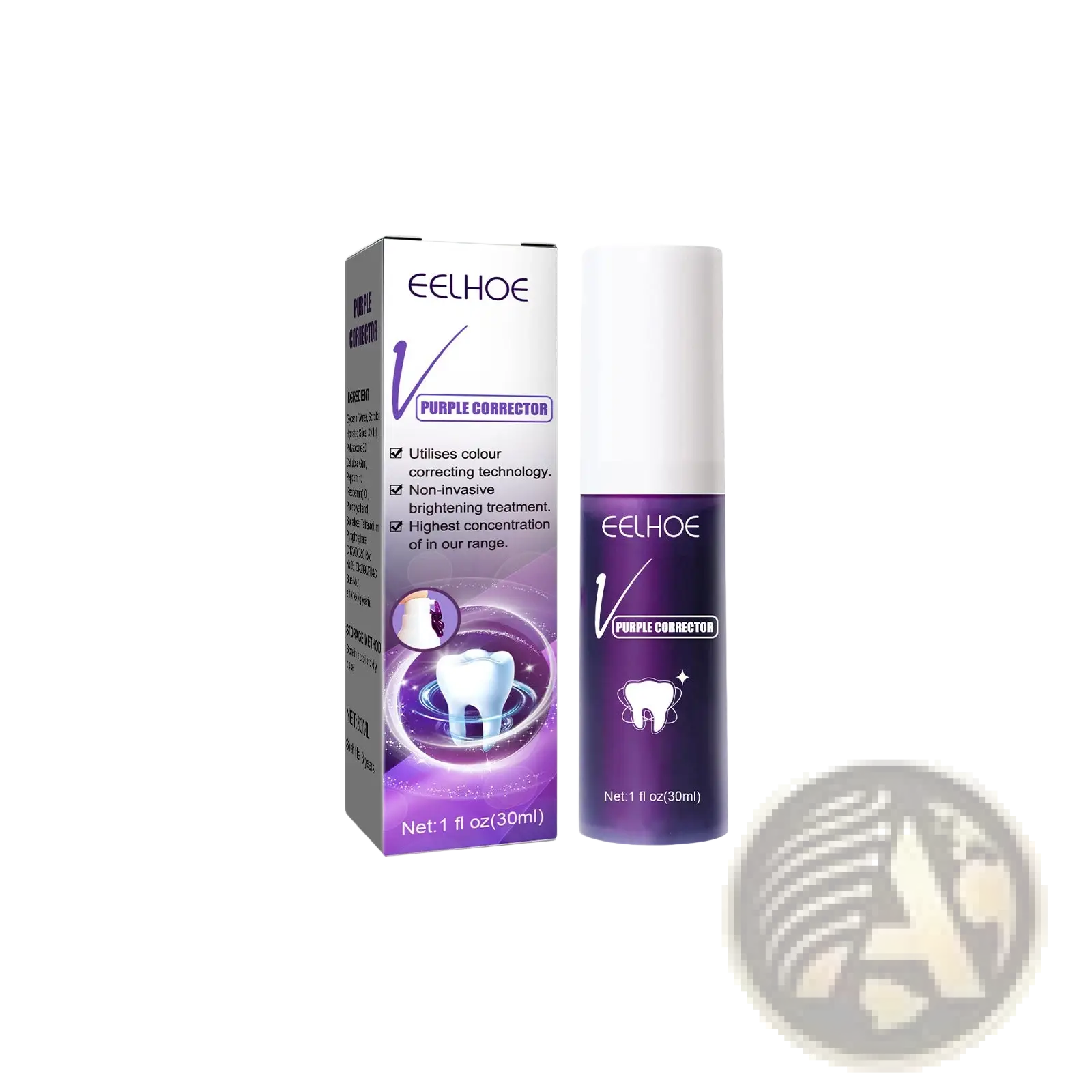 Eelhoe purple corrector tooth whitening spray in a sleek purple and white 30ml bottle with matching packaging