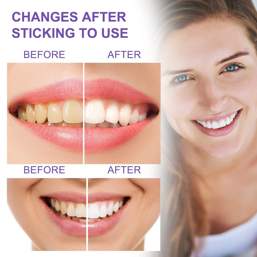 A woman with blue eyes and light brown hair smiles showing bright white teeth after using teeth whitening toothpaste purple color corrector 30ml