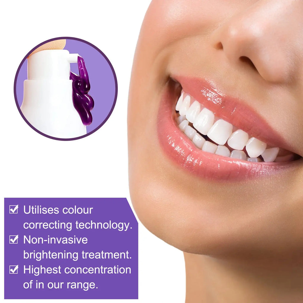 A white spray bottle dispensing purple liquid for teeth whitening toothpaste color corrector 30ml with pump design