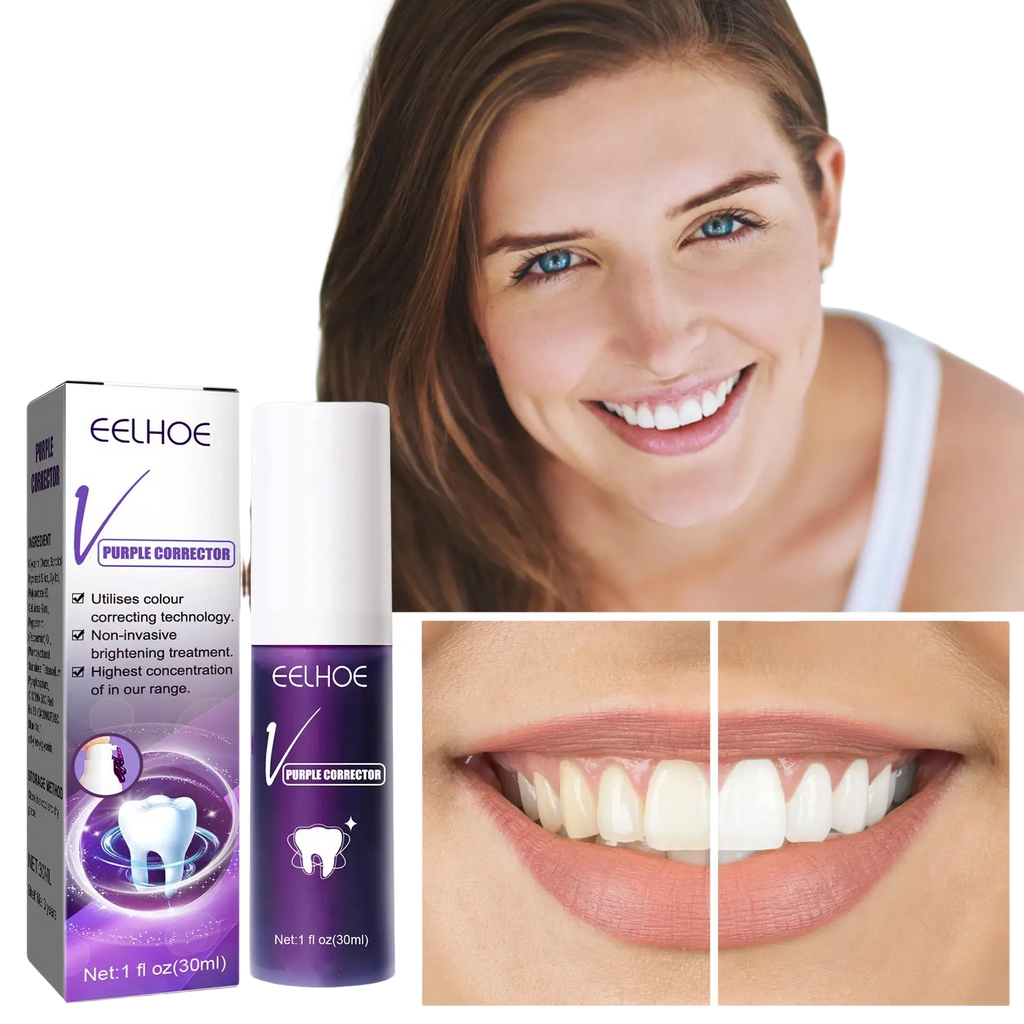 Purple corrector teeth whitening toothpaste in a sleek cylindrical 30ml bottle with matching packaging for brightening