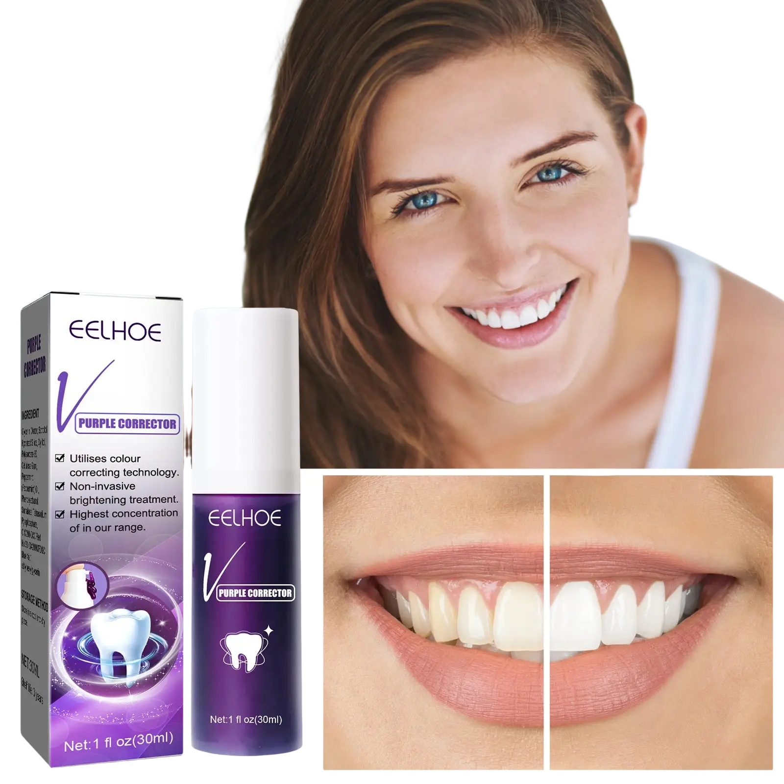 Purple corrector teeth whitening toothpaste in a sleek cylindrical 30ml bottle with matching packaging for brightening