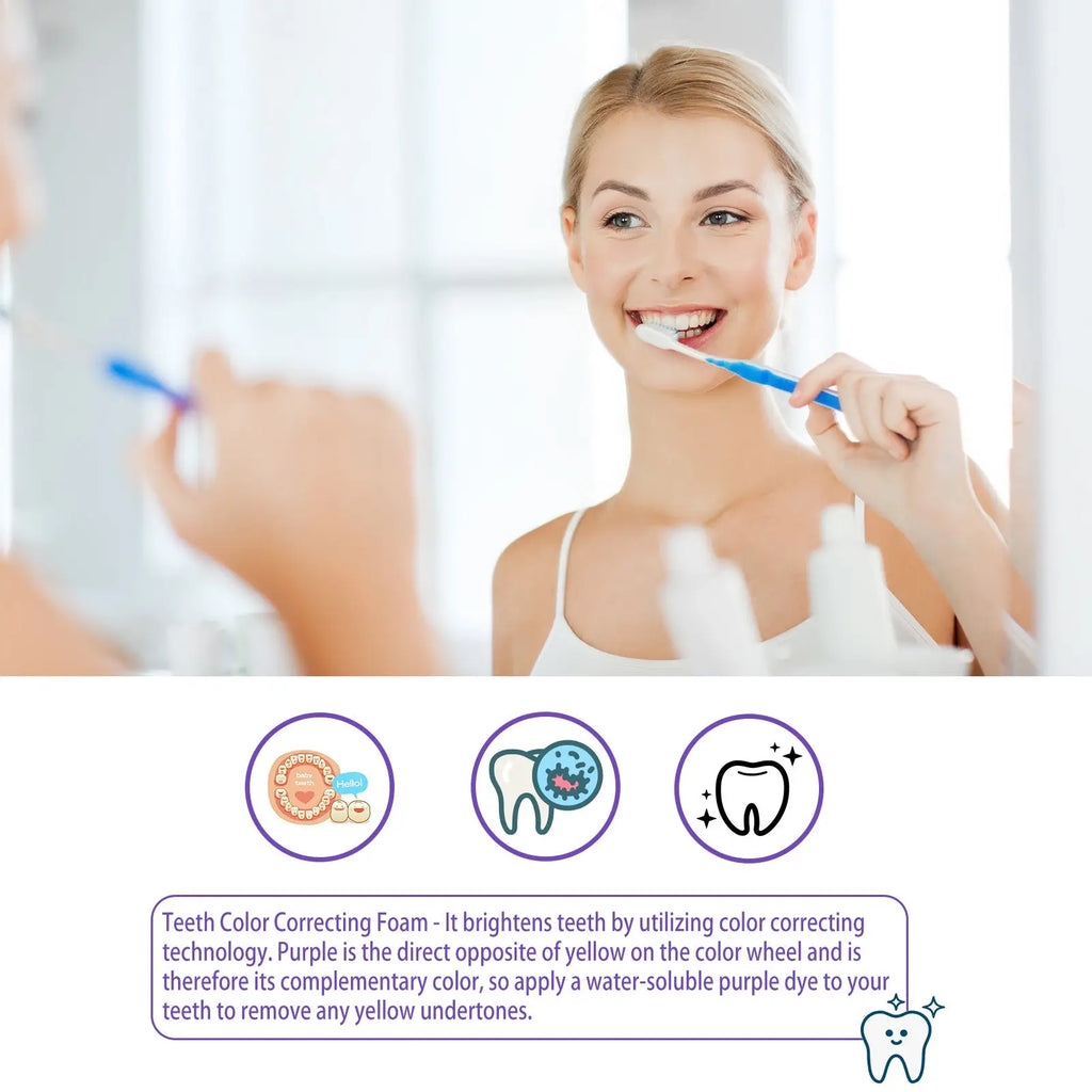 Blue toothbrush with white bristles next to teeth whitening toothpaste purple color corrector 30ml product front view