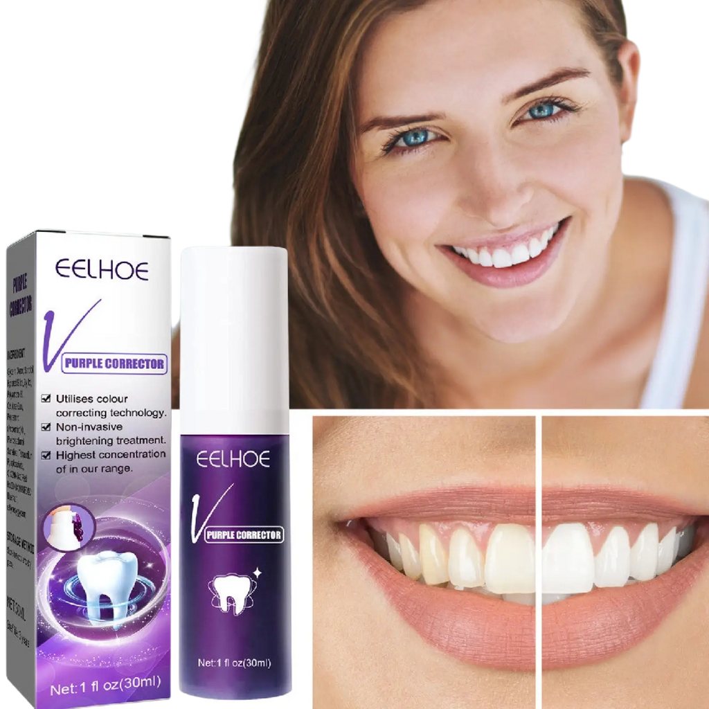 Eelhoe purple corrector teeth whitening toothpaste in a sleek white and purple 30ml bottle with matching packaging
