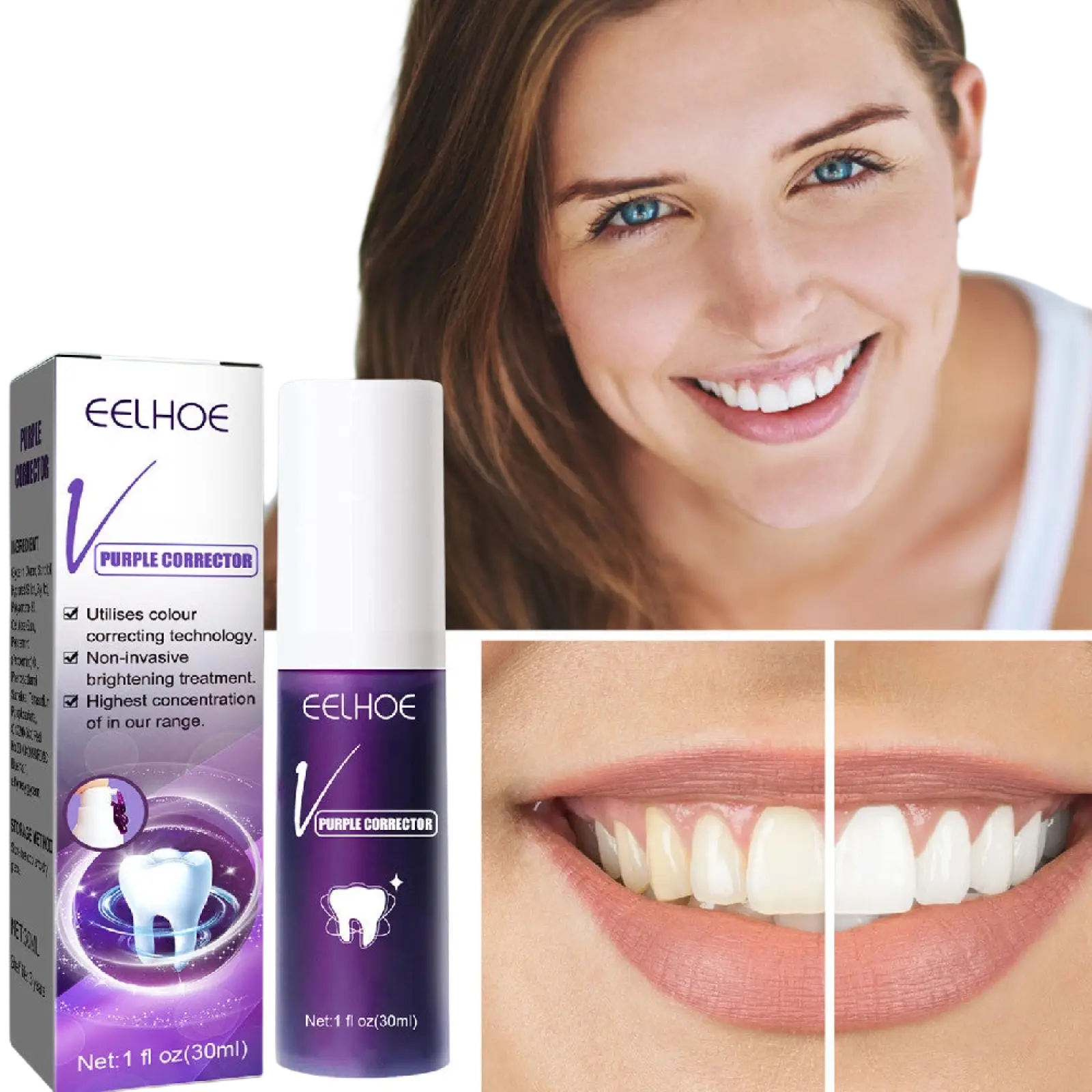Eelhoe purple corrector teeth whitening toothpaste in a sleek white and purple 30ml bottle with matching packaging