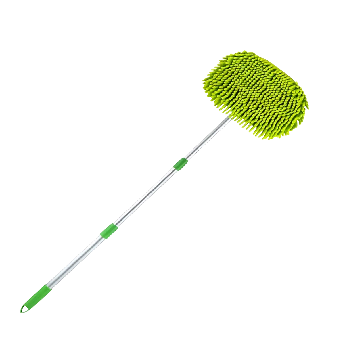 Bright green microfiber car detailing brush with silver telescopic handle and green grips for car wash mop use