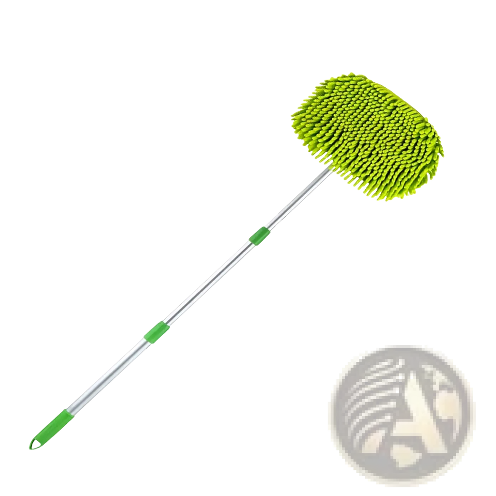 Bright green microfiber car detailing brush with silver telescopic handle and green grips for car wash mop use