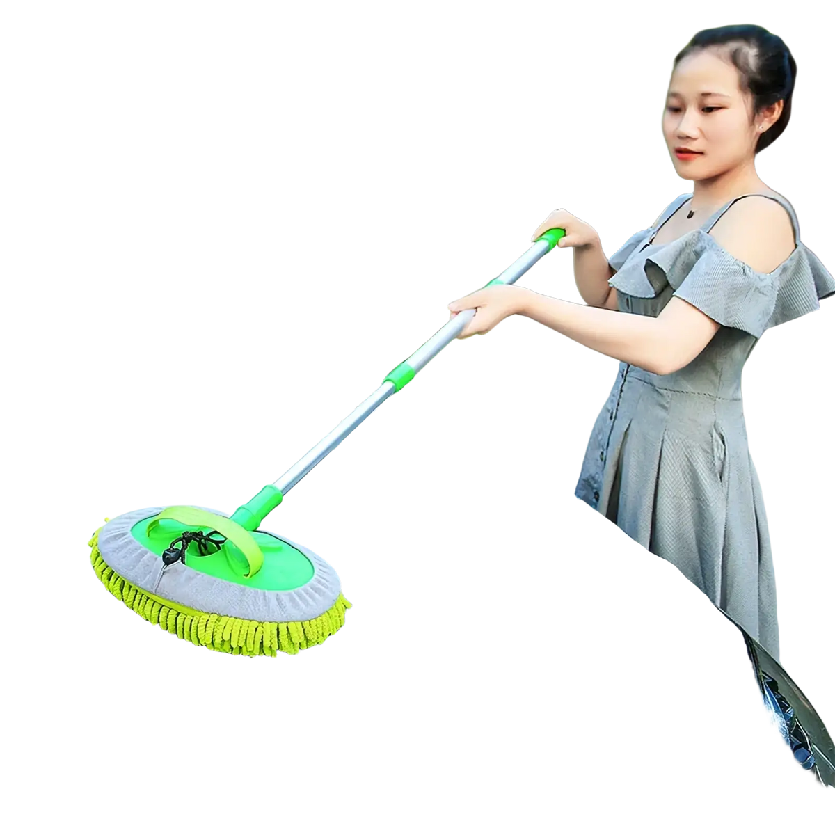 Green and gray rotating car wash mitt with long handle made of microfiber for easy vehicle cleaning