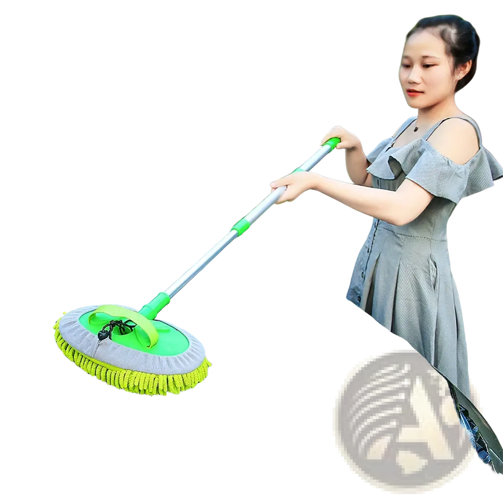 Green and gray rotating car wash mitt with long handle made of microfiber for easy vehicle cleaning