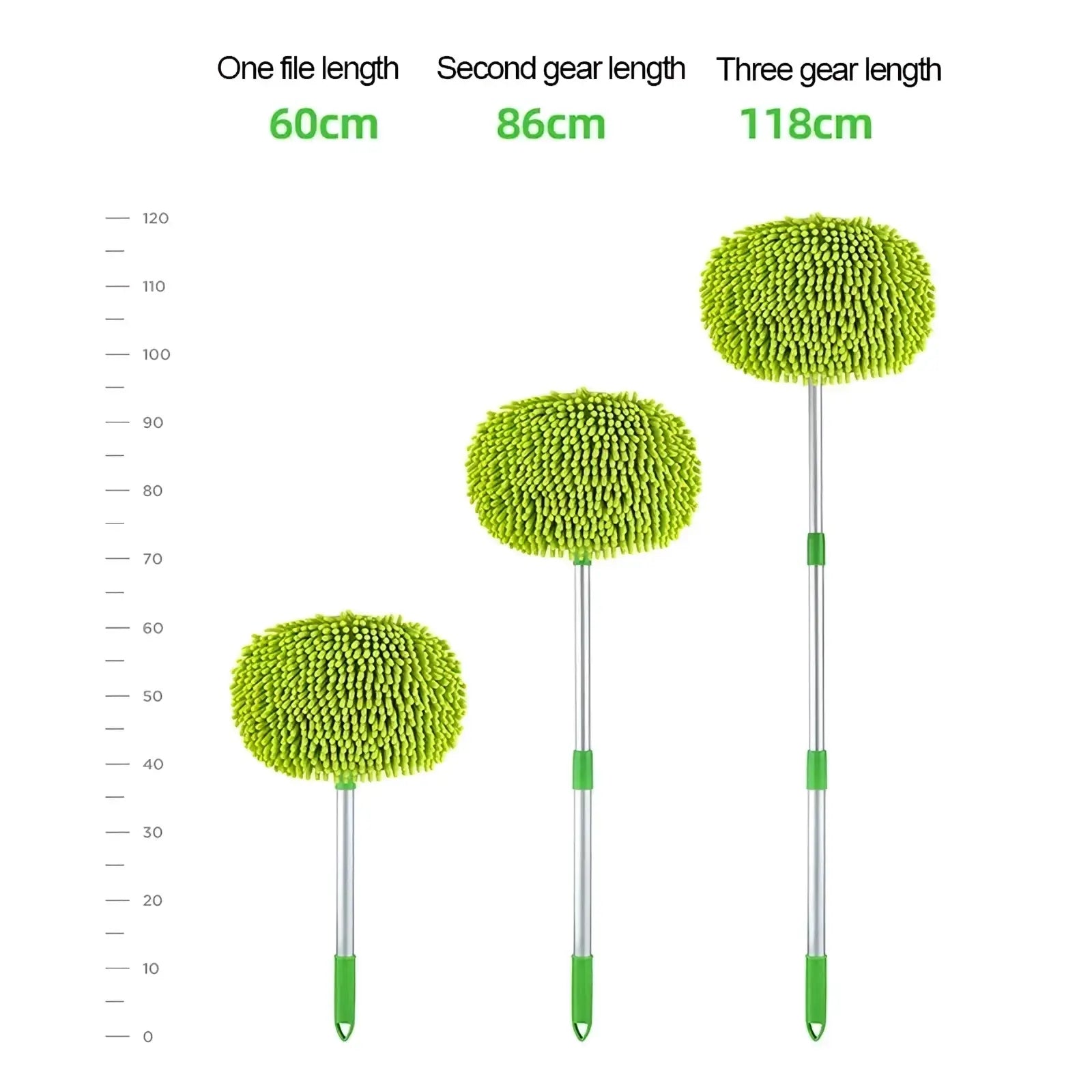 Three green microfiber car detailing brushes with extendable silver handles for telescopic car wash mop use