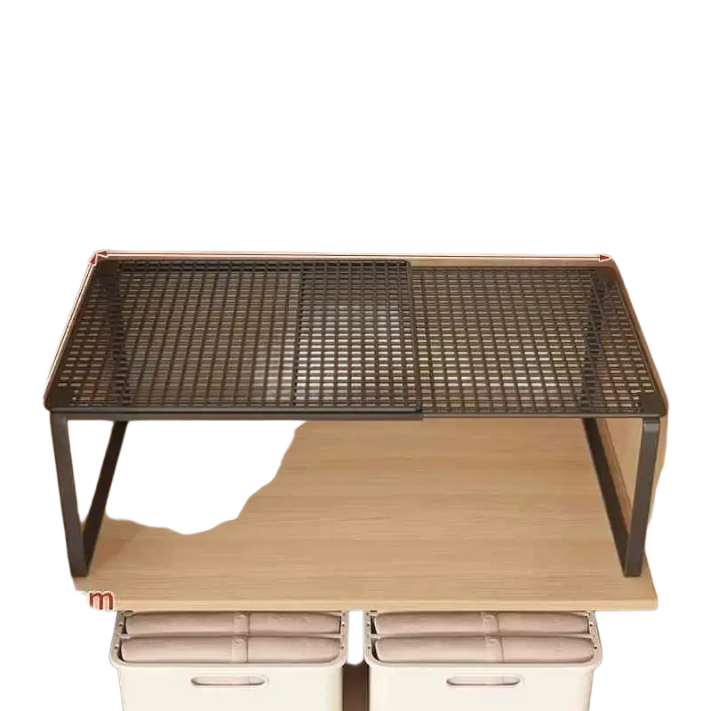Black metal mesh telescopic closet shelf with adjustable height and sliding divider for expandable cabinet organization