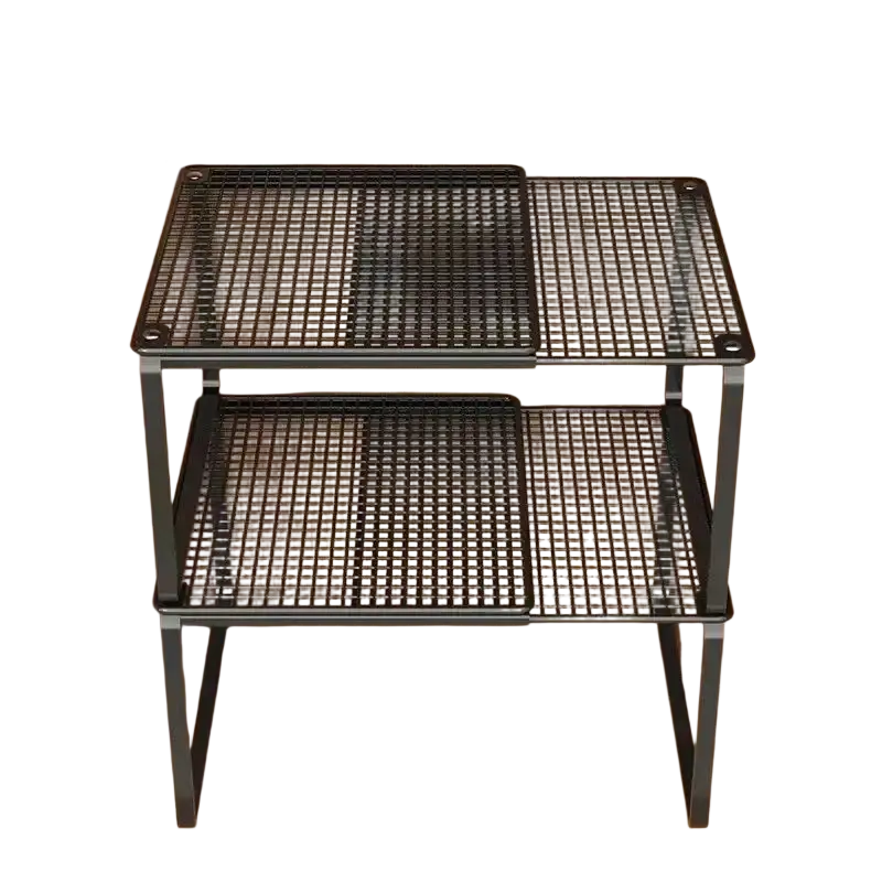 Black metal mesh two-tier foldable design stackable telescopic closet shelf for expandable cabinet organization