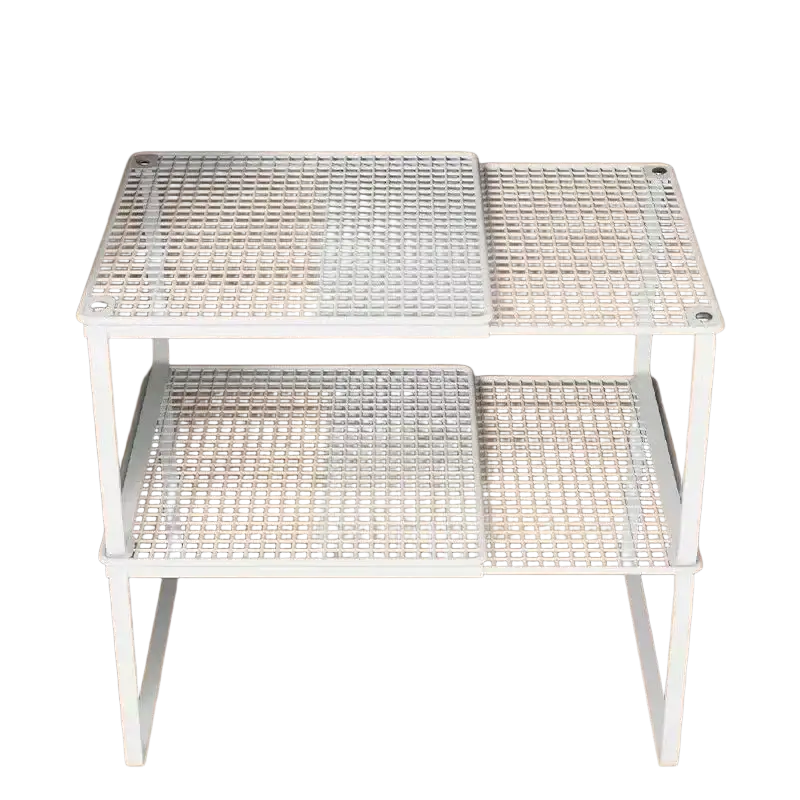 White plastic two-tiered stackable telescopic closet shelf with grid-patterned surface and adjustable legs organizer