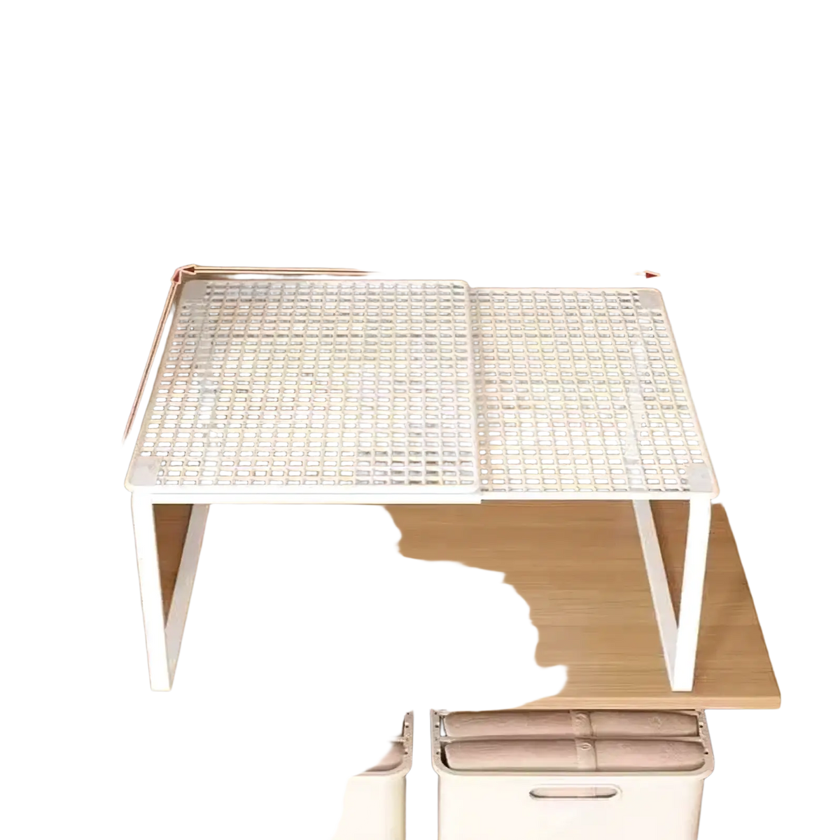 White plastic foldable telescopic closet shelf with grid pattern for adjustable stackable telescopic closet organizer