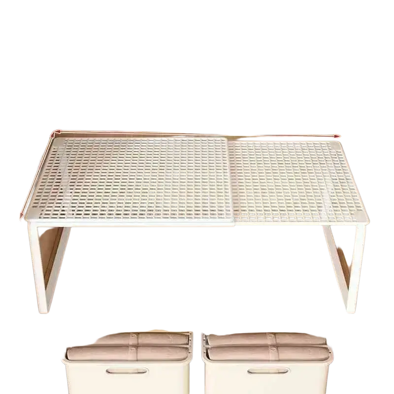 White plastic telescopic closet shelf with grid pattern and adjustable height for expandable cabinet or wardrobe organizer