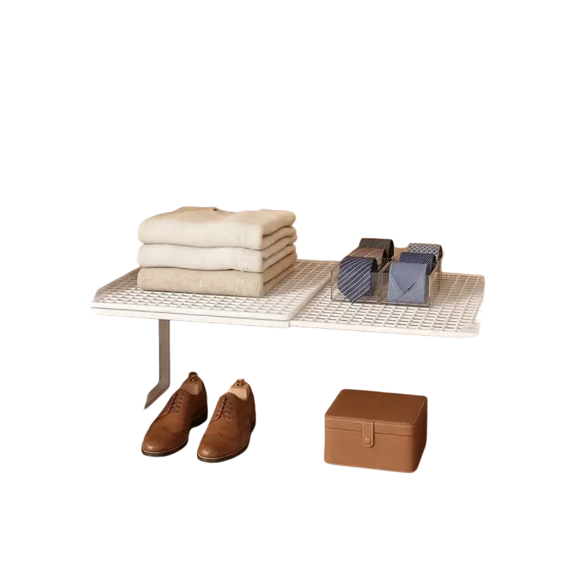 White mesh telescopic closet shelf with slender metal legs designed as an adjustable stackable wardrobe organizer