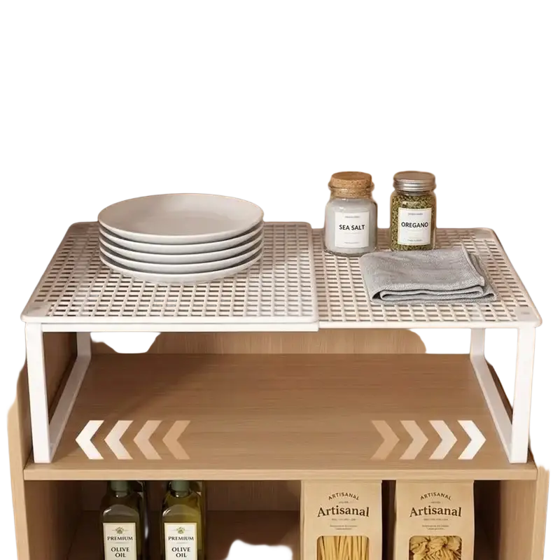 White plastic stackable telescopic closet shelf with grid pattern and angled legs as expandable wardrobe divider