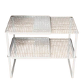 White plastic two-tier stackable telescopic closet shelf with grid-patterned surface and angled legs for expandable wardrobe divider