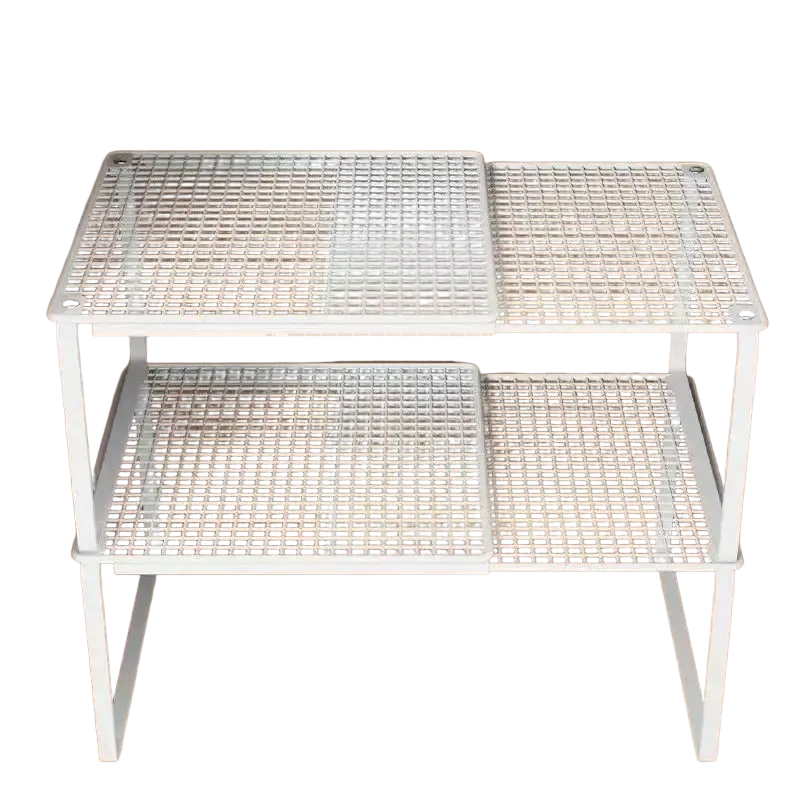 White plastic two-tier stackable telescopic closet shelf with grid-patterned surface and angled legs for expandable wardrobe divider