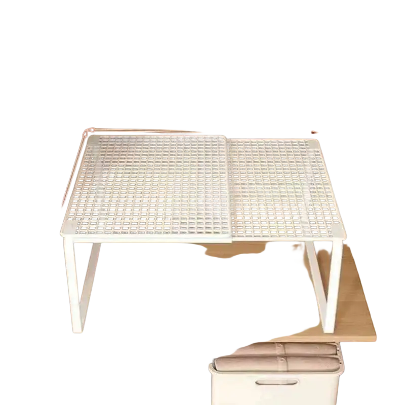White plastic mesh stackable telescopic closet shelf with foldable design and adjustable height markings for wardrobe divider