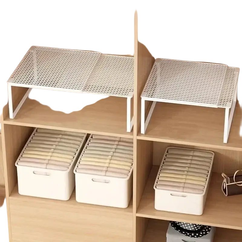 White plastic stackable telescopic closet shelf with grid pattern and slender legs as expandable wardrobe divider