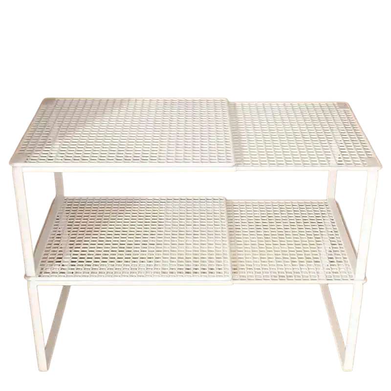 White plastic two-tier stackable telescopic closet shelf with grid pattern for expandable wardrobe divider use