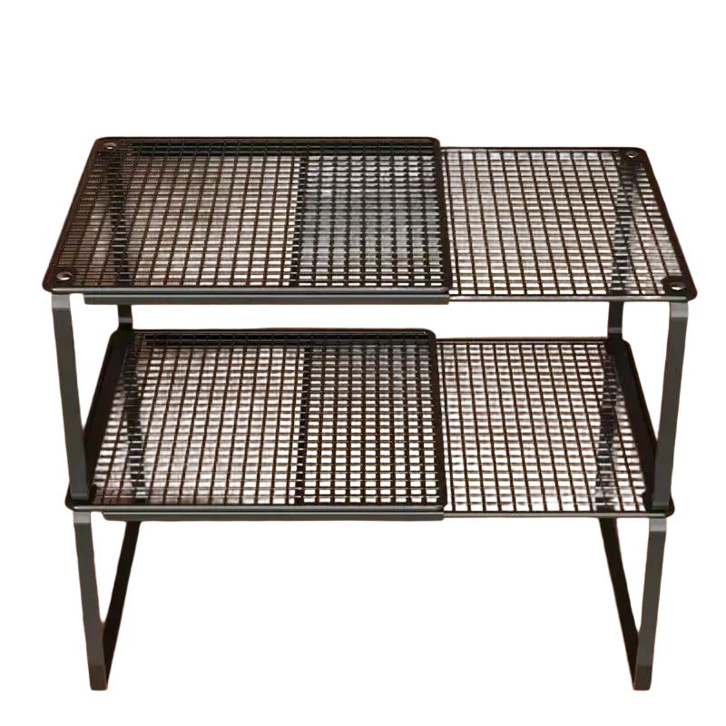 Black metal mesh two-tier telescopic closet shelf with adjustable width and sturdy frame for expandable wardrobe divider