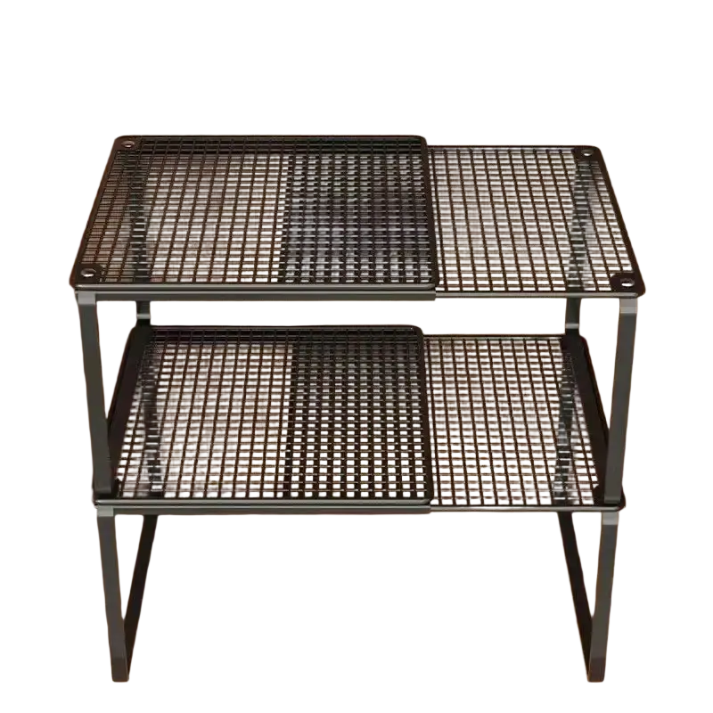 Black metal mesh two-tier stackable telescopic closet shelf with foldable design for expandable wardrobe divider use