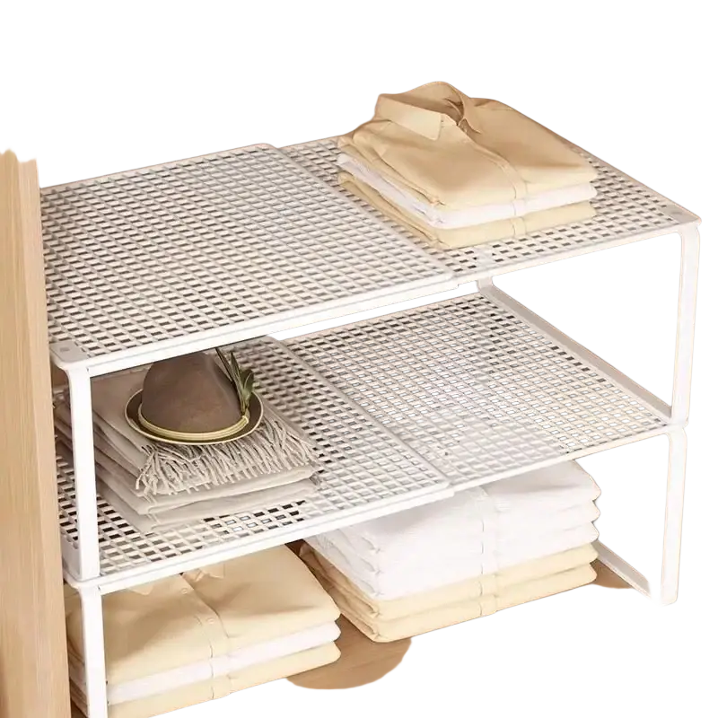 White metal mesh telescopic closet shelf with grid pattern is an expandable wardrobe divider for organized storage