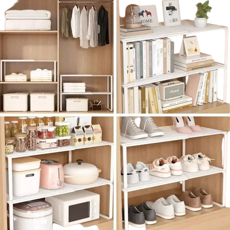 White metal telescopic closet shelf with grid-patterned surface for expandable wardrobe divider and stackable use