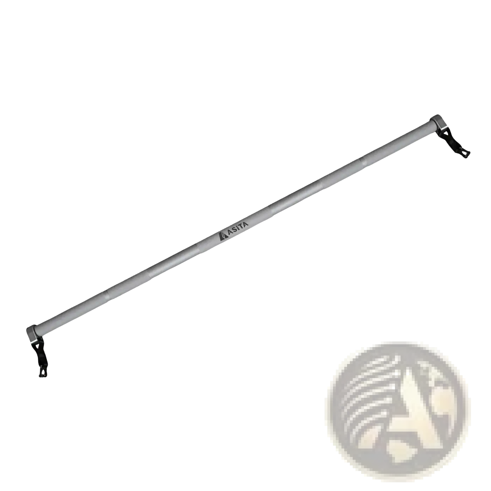 Silver aluminum telescopic fitness bar and hanging rod with black plastic end clamps and subtle asta logo along its length