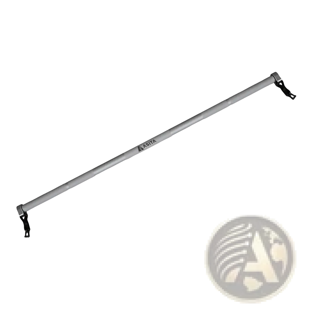 Silver telescopic fitness bar with black end clips designed as a hunter bar and hanging rod for versatile use