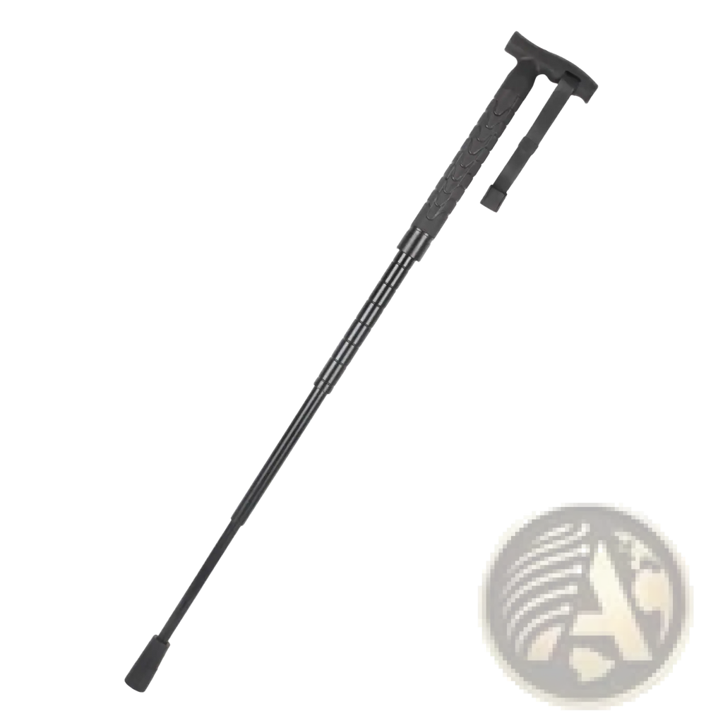 Black telescopic hiking pole with textured grip and t-shaped handle for self-defense and walking support