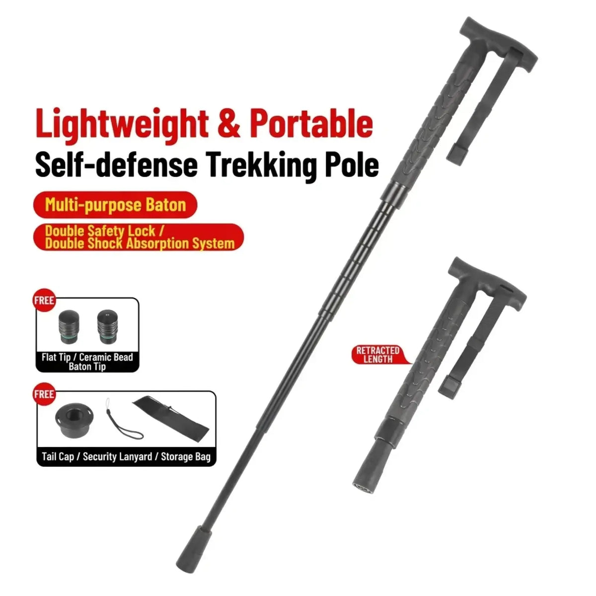 Black lightweight telescopic hiking pole self defense walking stick with textured grip and t shaped handle