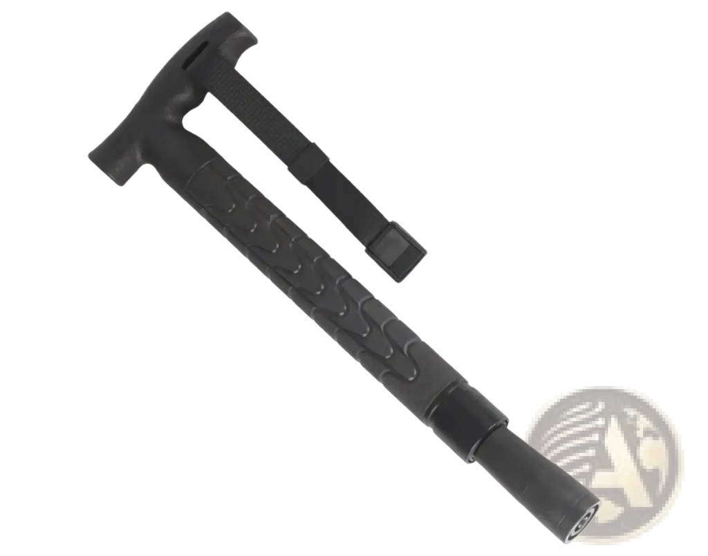 Black rubberized grip tactical hammer with textured handle and adjustable strap for telescopic hiking pole self defense walking stick