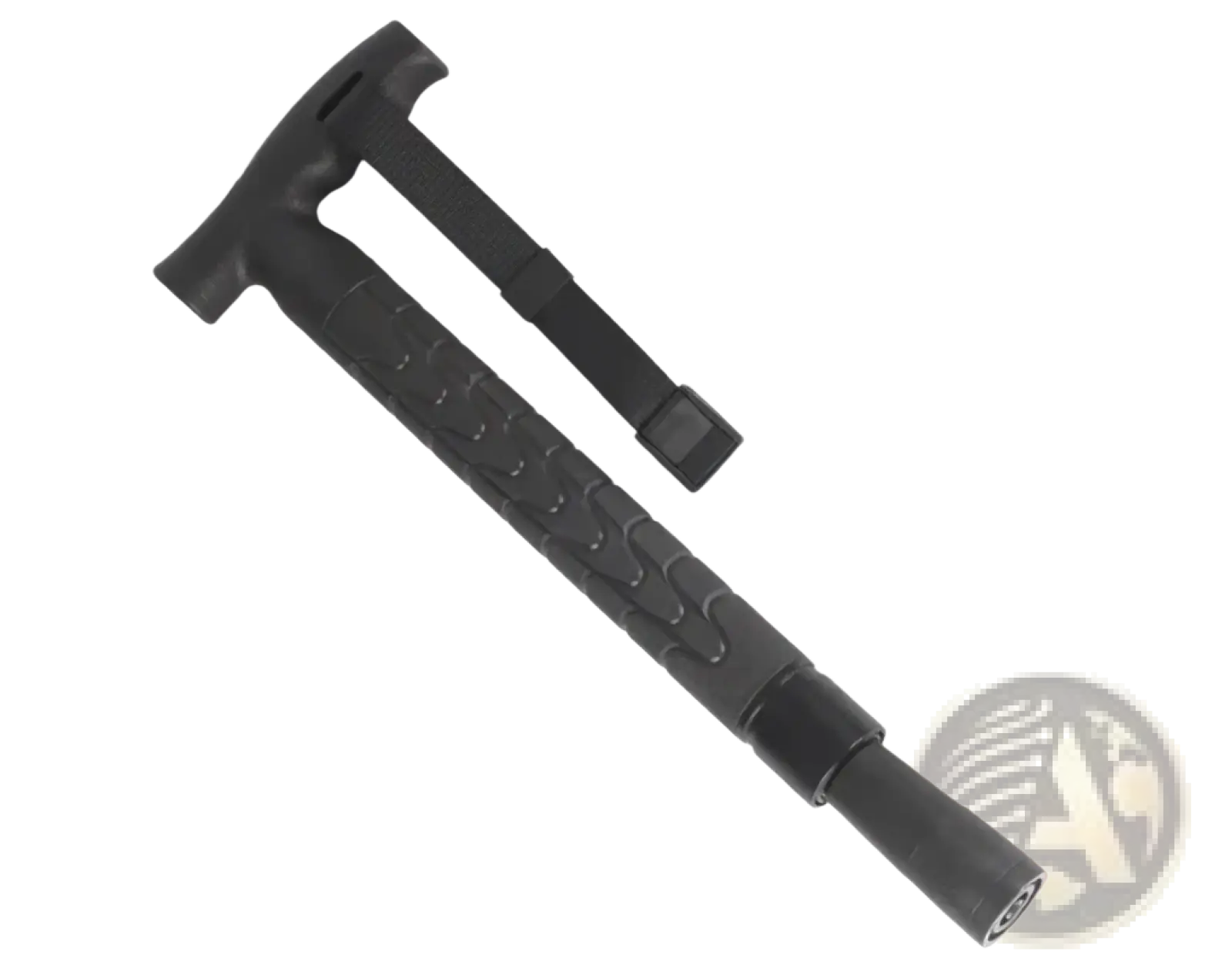 Black rubberized grip tactical hammer with textured handle and adjustable strap for telescopic hiking pole self defense walking stick