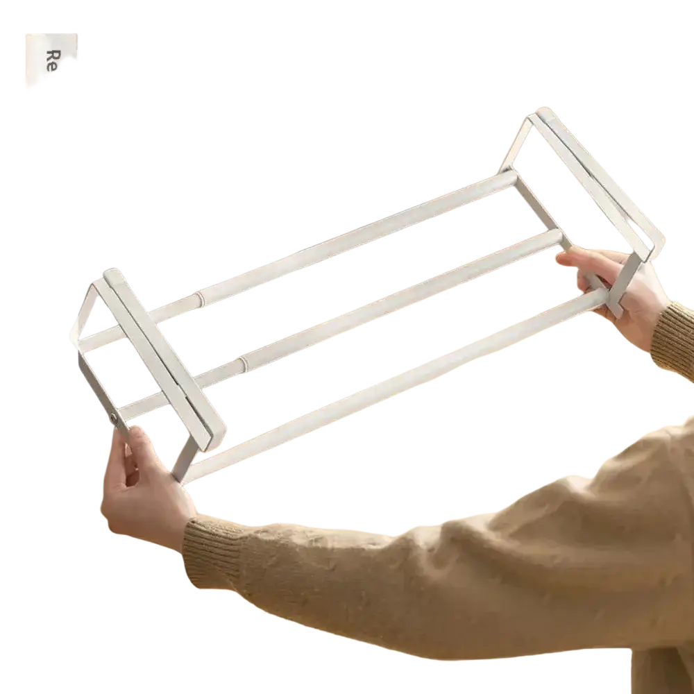 White metal telescopic shoe rack with minimalist foldable design for efficient shoe storage and organization