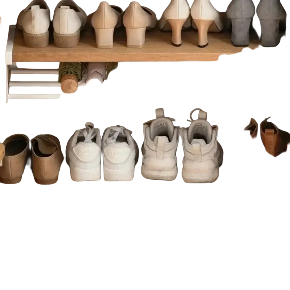 Wooden shoe rack with three shelves holding shoes and rolled items for telescopic shoe rack metal storage organizer