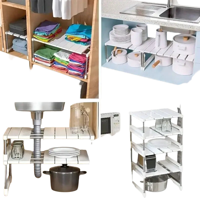 White multi-tiered telescopic sink holder layered partition rack with slatted top surface and chrome metal frame