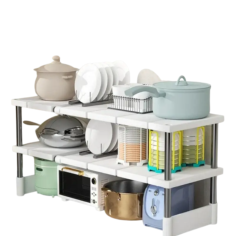 White plastic telescopic sink holder layered partition rack with silver metal legs holding plates pots and microwave
