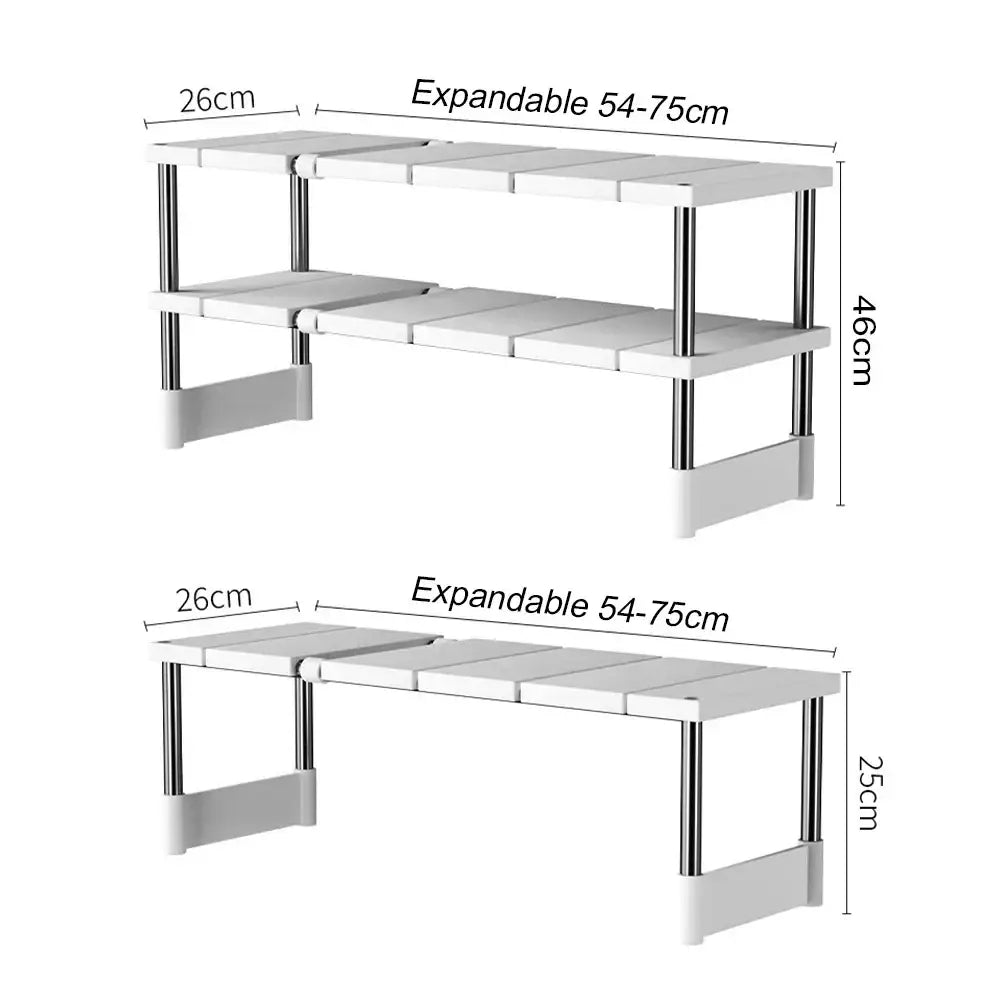 White plastic and metal adjustable two-tier telescopic sink holder layered partition rack for kitchen organization