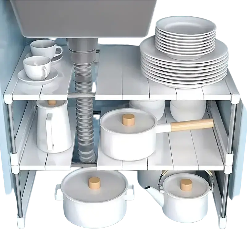 White three-tiered telescopic sink holder layered partition rack with sleek metal frame and plastic slats for under-sink use