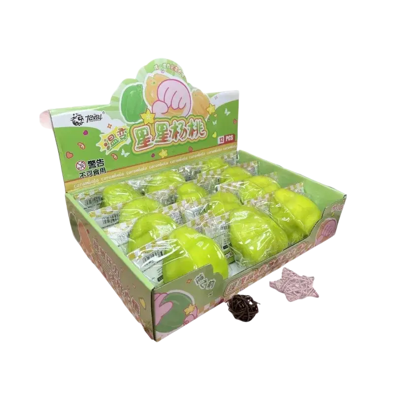 Green glossy ceramic candy-shaped temperature changing star fruit squishy toys individually wrapped in clear plastic