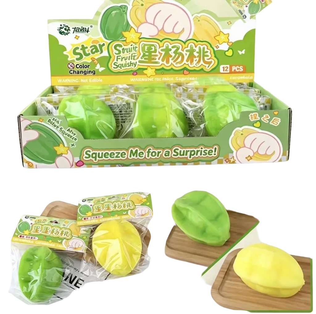 Temperature changing star fruit squishy toys in green and yellow displayed in a playful cartoon-themed box