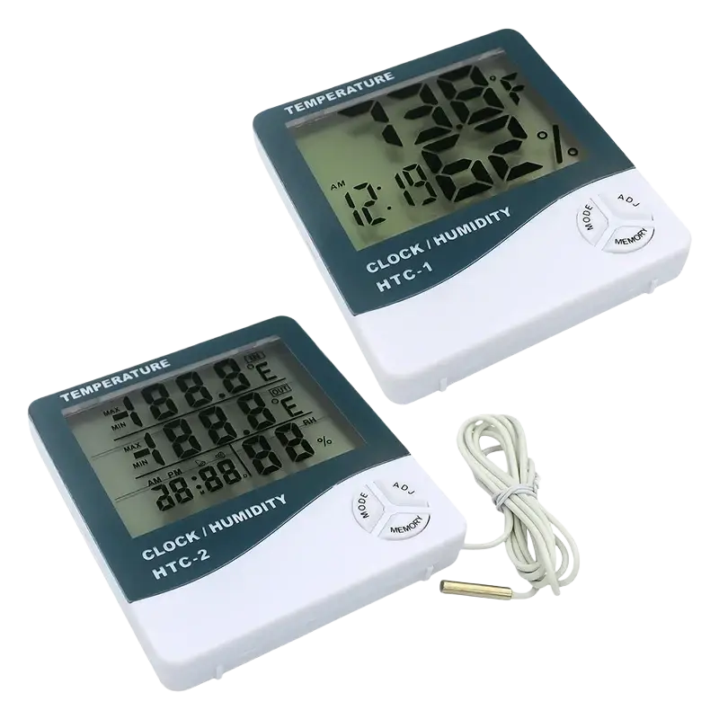 White digital temperature humidity meter indoor hygrometer clock with dark green display showing current time and humidity measurement
