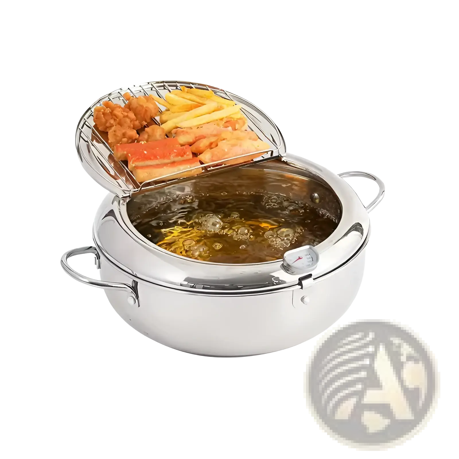 Stainless steel tempura deep fryer pot 4.2l with dual compartments wire rack lid and integrated temperature gauge