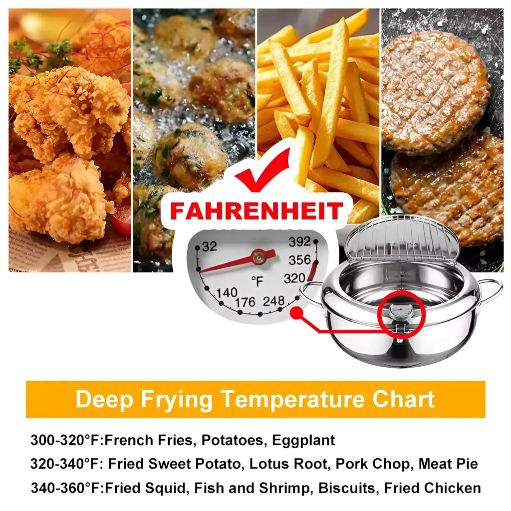 Stainless steel tempura deep fryer pot 4.2l with temperature gauge and removable wire rack for precise frying