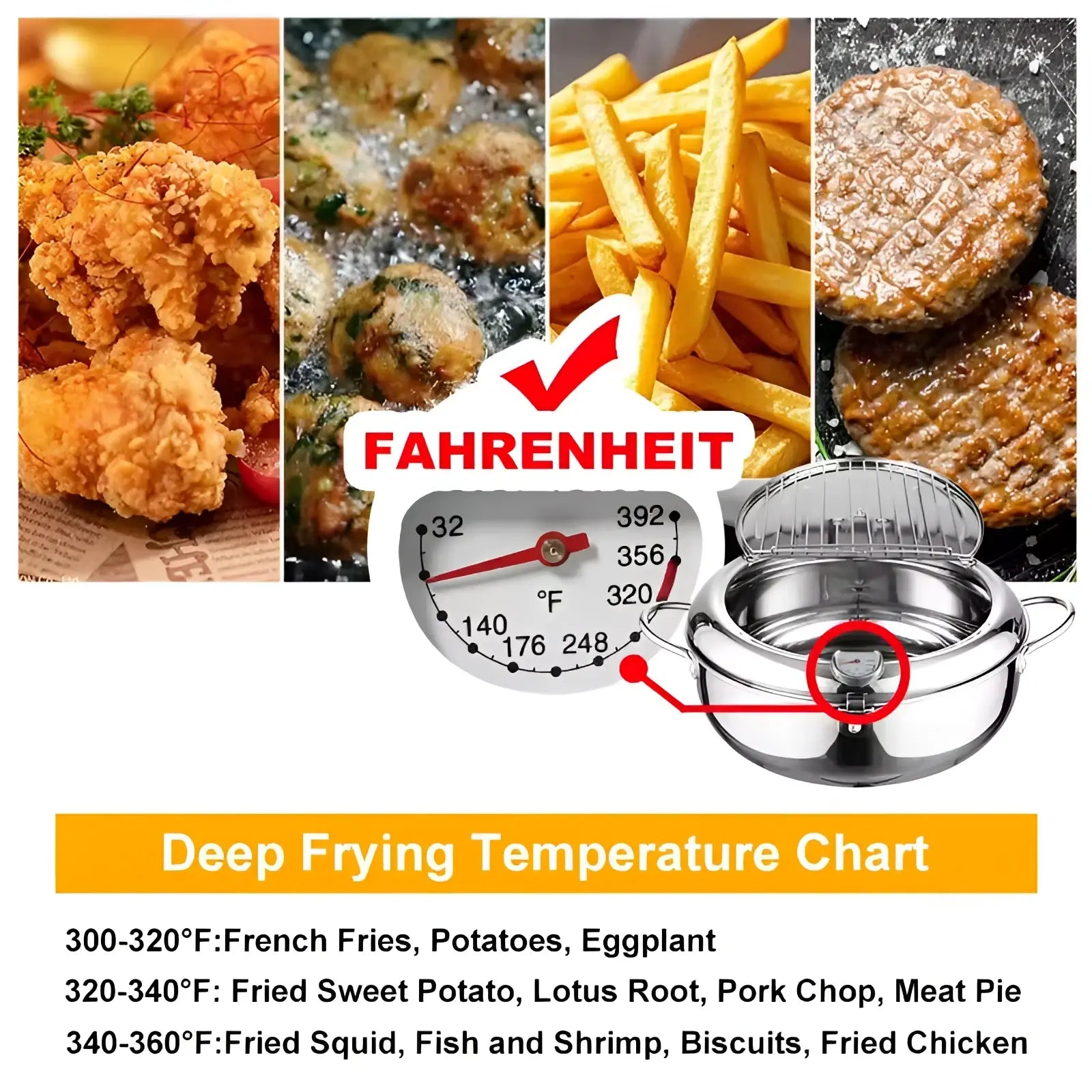 Stainless steel tempura deep fryer pot 4.2l with temperature gauge and removable wire rack for precise frying