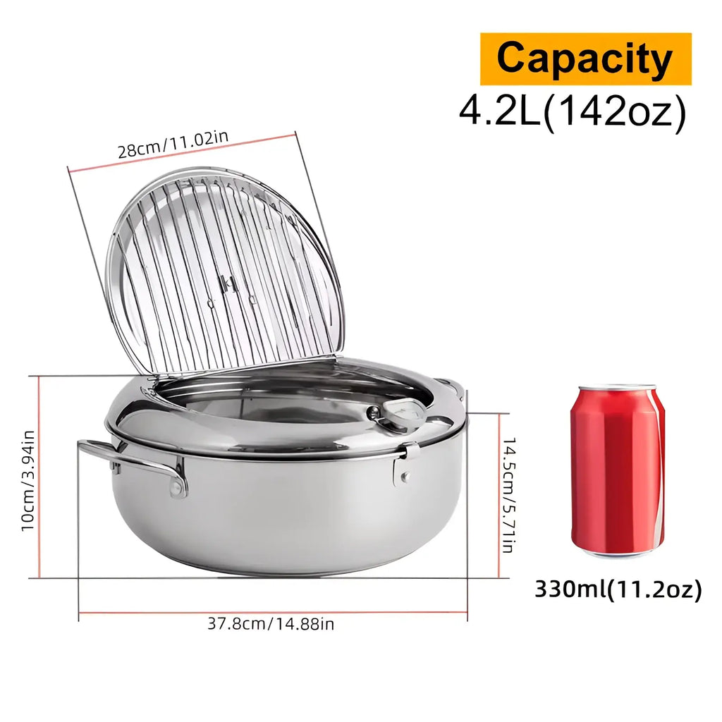 Stainless steel 4.2l round tempura deep fryer pot with hinged lid wire rack and two side handles for easy handling
